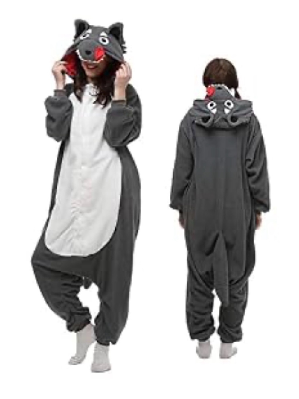 Adult unisex Black and White Wolf Hooded Costume Onesie - Picture 4 of 5